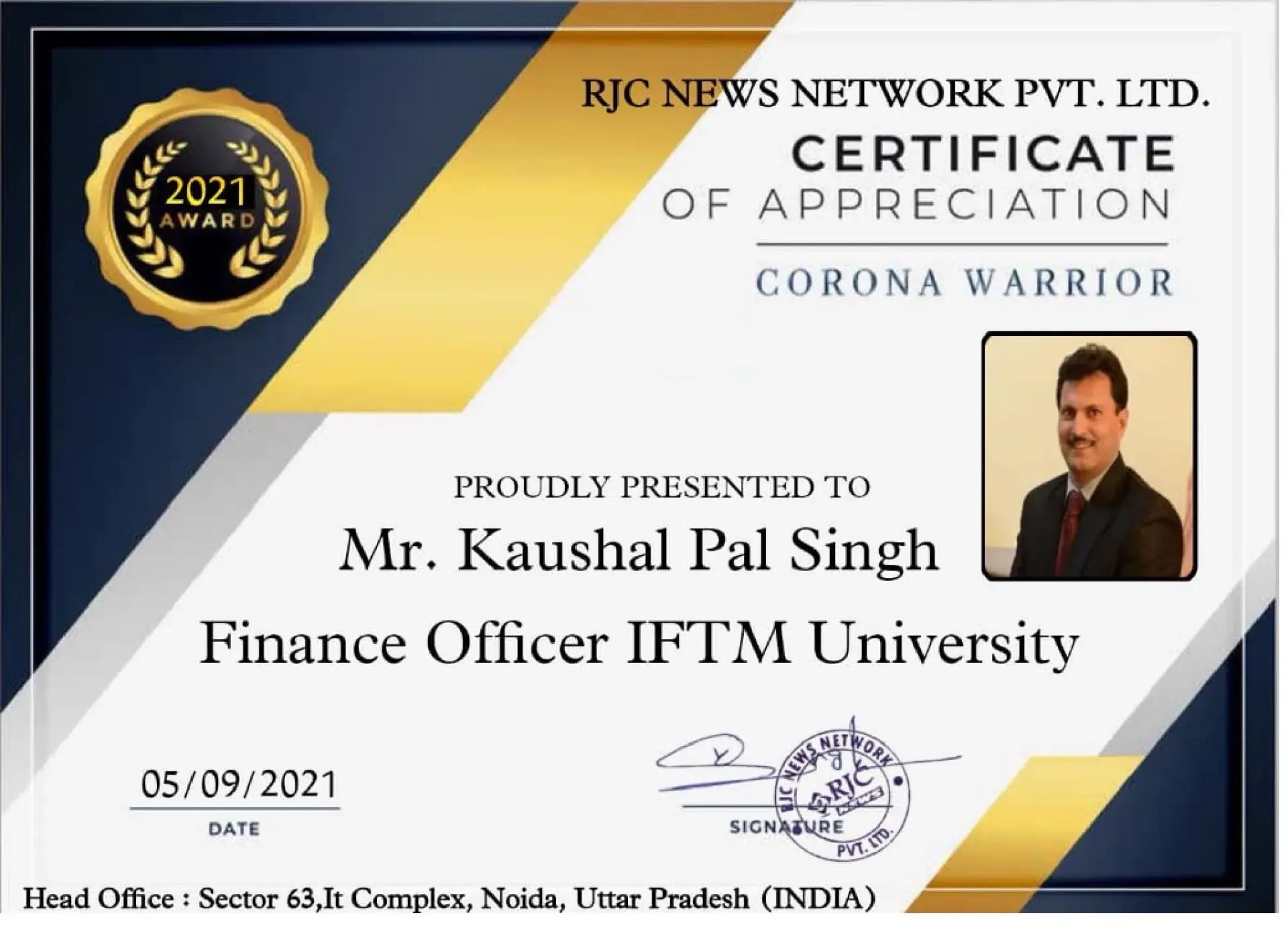 Certificate of Appreciation of Corona Warrior